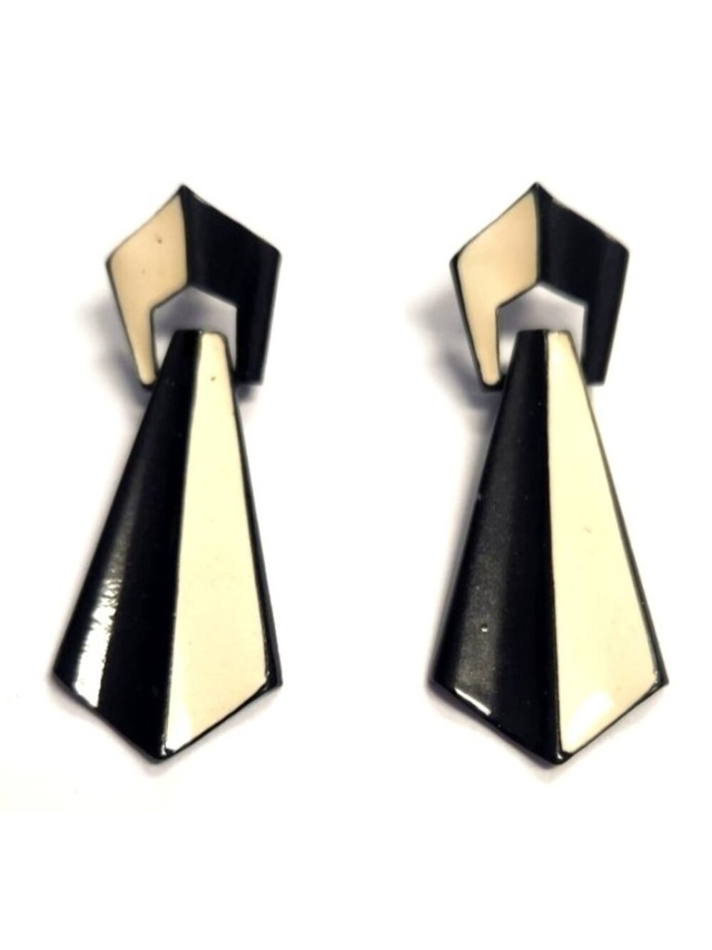Black & Cream Art Deco Enameled Dangle Earrings - Vintage